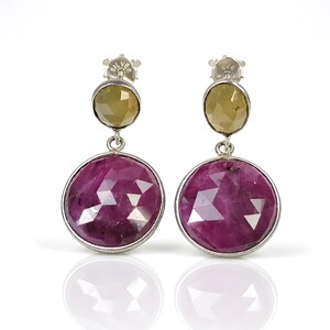 Ruby Gemstone Bezel Set Earrings: 6.87gms Natural Yellow Sapphire 925 Sterling Silver Drop Dangle Push Back Earrings 1.25"