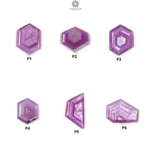 Könnte beinhalten: Sechs rosafarbene Edelsteine mit verschiedenen Schliffen und Facetten, beschriftet mit P1 bis P6.