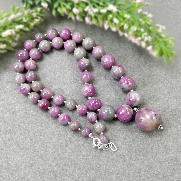 Global RUBY Gemstone NECKLACE: 334.15cts Natural Untreated Bi-Color Zoisite Ruby Balls With 925 Sterling Silver 7mm - 17mm 18" (With Video)