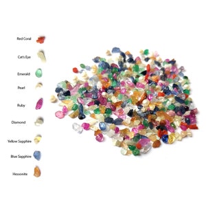 Op de afbeelding: Een grote hoop kleurrijke edelstenen, waaronder rode koraal, kattenoog, smaragd, parel, robijn, diamant, gele saffier, blauwe saffier en hessonite.