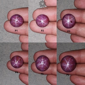 Könnte beinhalten: Sechs Nahaufnahmen von roten Sternrubin-Edelsteinen mit einem sechszackigen Sternmuster. Jedes Bild ist mit einer Nummer von P1 bis P6 gekennzeichnet.