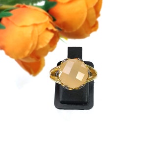925 Sterling Silver RING : Natural Yellow MOONSTONE Gemstone Round Checker Cut Prong Set Gold Plated Fine Statement Ring 7US