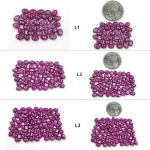 Puede incluir: Se muestran varios grupos de gemas ovaladas de color rojo intenso, posiblemente rubíes. Se coloca una moneda junto a algunos grupos para comparar el tamaño. Las gemas tienen un aspecto pulido y liso y se muestran sobre un fondo blanco.