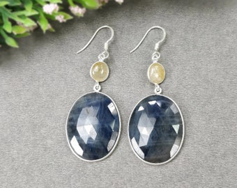 BLUE YELLOW SAPPHIRE Gemstone Earring : 12.79gms Natural Sapphire 925 Sterling Silver Drop Dangle Bezel Set Earrings 2.24"