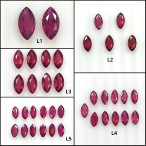 May include: Marquise-cut ruby gemstones in various arrangements. The image showcases a collection of faceted, deep red rubies, with varying quantities displayed in separate sections. The gemstones are arranged on a white surface, highlighting their color and cut.