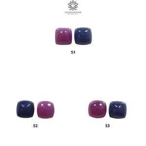May include: Three sets of square-cut gemstones in the image. Each set features a pair of stones, one a deep magenta and the other a dark blue. The gemstones are labeled S1, S2, and S3. The Saksham Gems logo is at the top.