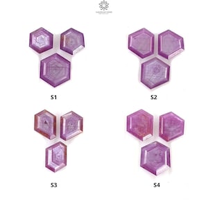 May include: Four sets of faceted, hexagonal gemstones in varying shades of pink and purple are arranged on a white background. Each set is labeled S1, S2, S3, and S4. The gemstones have internal patterns and are likely for jewelry making.