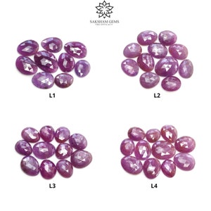 Puede incluir: Una colección de piedras preciosas púrpuras facetadas de forma ovalada dispuestas en cuatro grupos distintos etiquetados como L1, L2, L3 y L4. Cada grupo contiene varias piedras pulidas y translúcidas con un corte geométrico.