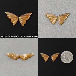 May include: Two pairs of golden butterfly-shaped gemstone cabochons, each pair measuring approximately 20mm x 11mm and 20.5mm x 10.5mm. The cabochons are displayed on a gray surface, with a US quarter for scale.