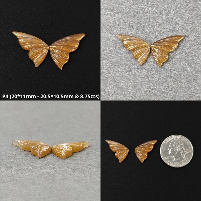 May include: Two pairs of golden butterfly-shaped gemstone cabochons, each pair measuring approximately 20mm x 11mm and 20.5mm x 10.5mm. The cabochons are displayed on a gray surface, with a US quarter for scale.
