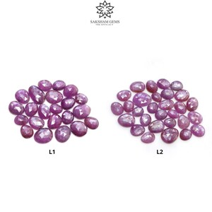 May include: Two groups of faceted, oval-shaped, pink-purple gemstones. The gemstones vary in size and shape, with a polished, reflective surface. The image includes the text "SAKSHAM GEMS THE EFFICACY".
