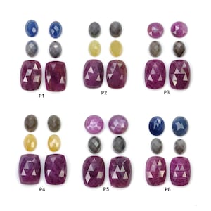 Könnte beinhalten: Sortiment facettierter Edelsteine in verschiedenen Formen und Farben. Das Bild zeigt ovale, runde und rechteckige Edelsteine in Blau-, Grau-, Gelb- und tiefroten Farbtönen. Die Edelsteine sind in Reihen und Spalten angeordnet, wobei jedes Set mit P1 bis P6 beschriftet ist.