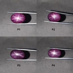 May include: Four close-up images of a deep pink star ruby gemstone held in tweezers. Each image shows a different angle of the gemstone.