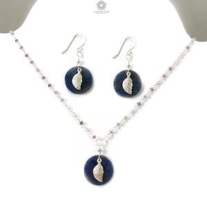 Blue Sapphire Gemstone Jewelry Set: 925 Sterling Silver Natural Untreated Sapphire 17&quot; Beads Necklace Drop Dangle Earring Jewelry Set