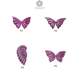 Könnte beinhalten: Vier violette, schmetterlingsförmige Edelsteine mit unterschiedlichen Designs. Die Edelsteine sind mit P1, P2, P3 und P4 gekennzeichnet.