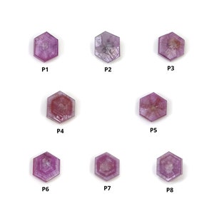 May include: Eight hexagonal, pink gemstones are displayed against a white backdrop. Each stone is labelled with a "P" followed by a number. The gemstones vary in pink shades and internal patterns, some appearing translucent.