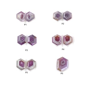 Puede incluir: Seis pares de gemas hexagonales de color púrpura y blanco, etiquetadas del P1 al P6.