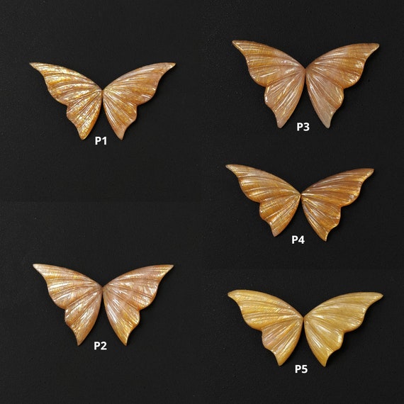 YELLOW Fire MOONSTONE Gemstone Carving : Natural Untreated Unheated Moonstone Hand Carved BUTTERFLY Pair 