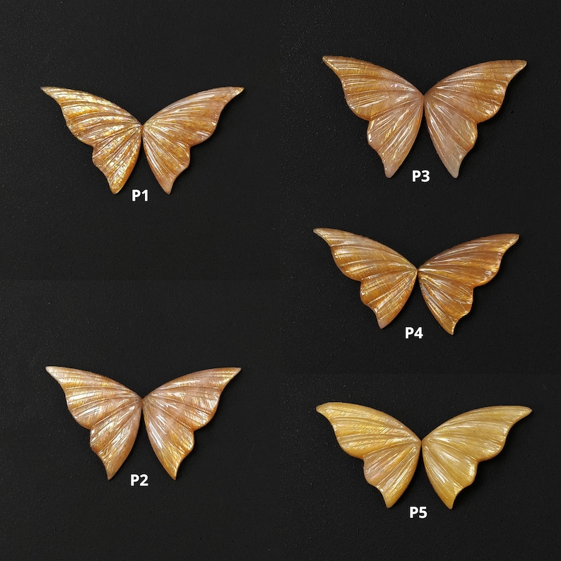 May include: Five gold butterfly-shaped resin embellishments with a shimmery finish. The butterflies are labeled P1, P2, P3, P4, and P5.
