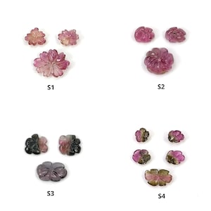Toermalijn edelsteensnijwerk: natuurlijk onbehandeld multi-rubelliet toermalijn, met de hand gesneden, geboorde en ongeboorde bloemen, 3 en 5 stuks