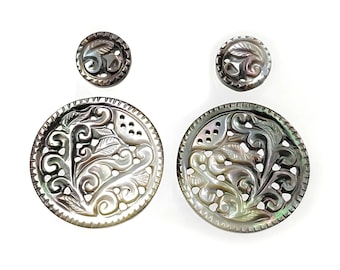 Mother of Pearl Gemstone Carving: 51.00cts Natural Untreated Black Mop Hand Carved Round Shape 12mm - 28mm 4pcs Set