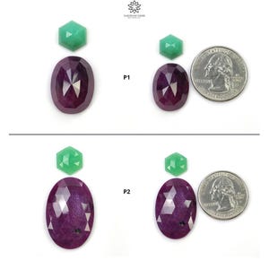 May include: Two sets of faceted gemstones labeled P1 and P2. Each set includes a small hexagonal green stone and a larger oval deep purple stone. A US quarter coin is placed next to the stones for scale, measuring approximately 0.95 inches in diameter.