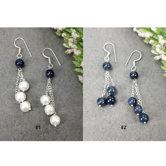 Blue SAPPHIRE & Pearl Gemstone 925 Sterling Silver Beaded