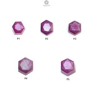 May include: Five faceted ruby gemstones, each with a hexagonal shape, are displayed on a white background. The gemstones are labeled P1 through P5.