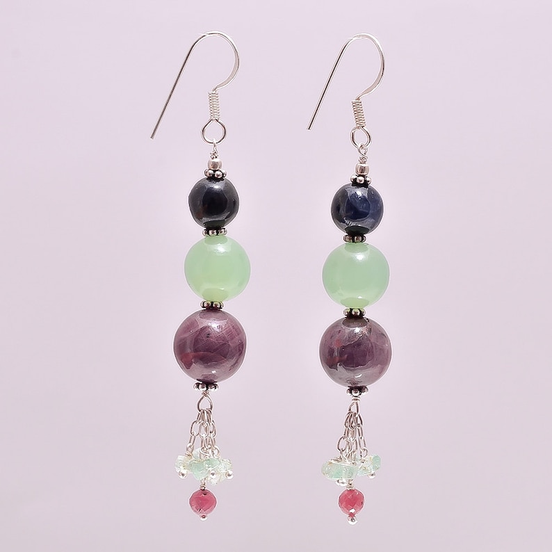 Gemstone Beads Earring 925 Silver Multi Color Natural RUBY SERPENTINE SAPPHIRE Round Beads Drop Dangle Long Hook Earring Minimalist Jewelry