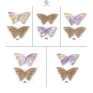 May include: Five pairs of carved butterfly gemstone pendants in various shades of purple and brown. The pendants are labeled P1 through P5.