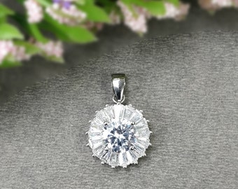 CUBIC ZIRCONIA 925 Sterling Silver Pendant : 2.05gms Round Shape Prong Set Fashion Pendant 0.86" Gift For Her