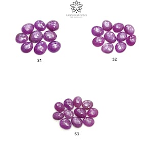 May include: Three groups of oval-cut, faceted, purple gemstones. The gemstones are arranged on a white background. The image includes the text "SAKSHAM GEMS THE EFFICACY" and the labels "S1", "S2", and "S3".