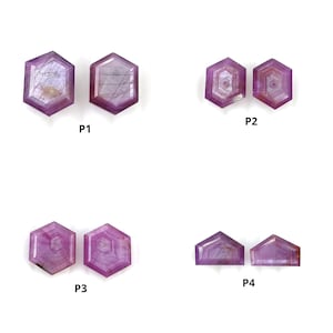 May include: Four pairs of purple gemstones, each pair labeled P1, P2, P3, and P4. The gemstones are cut in different shapes, including hexagonal and triangular.