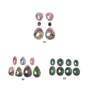 May include: A selection of faceted gemstones in diverse shapes and colours. The collection features pink, green, and grey stones, some with mixed hues. The image is labelled with the text "S1", "S2", and "S3".