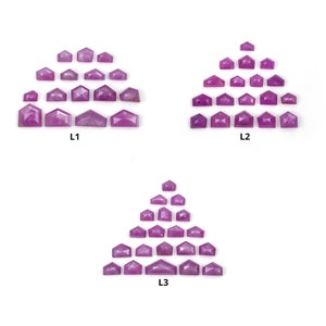 May include: Three arrangements of magenta-coloured, house-shaped gemstones in various sizes. The gems are faceted and displayed against a white background. Each arrangement is labelled L1, L2, and L3.