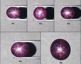 Cabujón de rubí estrella: 6 cts - 22 cts, rubí estrella rojo natural sin tratar y sin calentar, forma ovalada y redonda de 6 rayos.
