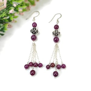 Ruby Gemstone Beads Earrings: 11.36gms Natural Untreated Red Ruby Plain Long Drop Dangle 925 Sterling Silver 3.15"