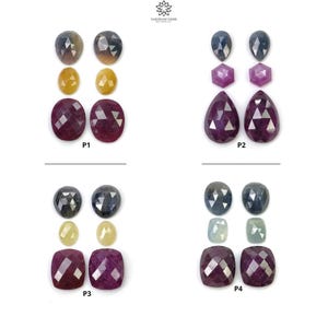 May include: Four sets of loose gemstones, labeled P1 through P4. Each set includes a pair of round, faceted, blue sapphires, a pair of round, faceted, yellow sapphires, and a pair of square, faceted, ruby gemstones.