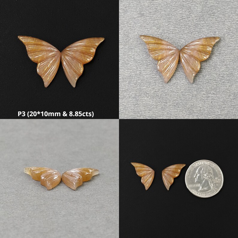 May include: Two pairs of iridescent butterfly-shaped gemstone cabochons. The larger pair measures 20mm by 10mm and weighs 8.85 carats. The smaller pair is approximately 1 inch in size. The gemstones are a light peach color with a shimmery finish.
