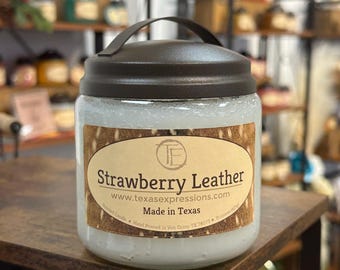 Strawberry Leather Candle | Unique Candle | Made in Texas | Rustic | Funny Gift | Cowboy Cowgirl Gift for Him Gift for Her
