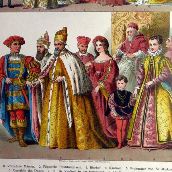 Litografía a color de trajes de historia antigua, 1906 ropa italiana antigua estampado de vestido, moda Diseño personas Cultura papa arte grabado.