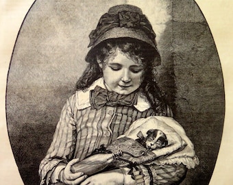 1883 antique charming engraving of girl bottle feeding a dog, big size  victorian puppy print, oddity curiosity funny kid colossal  plate.