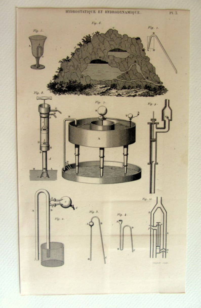 Antique science physics instruments engraving 1852 vintage scientific apparatus hydrostatics hydrodynamics print laboratory machine.