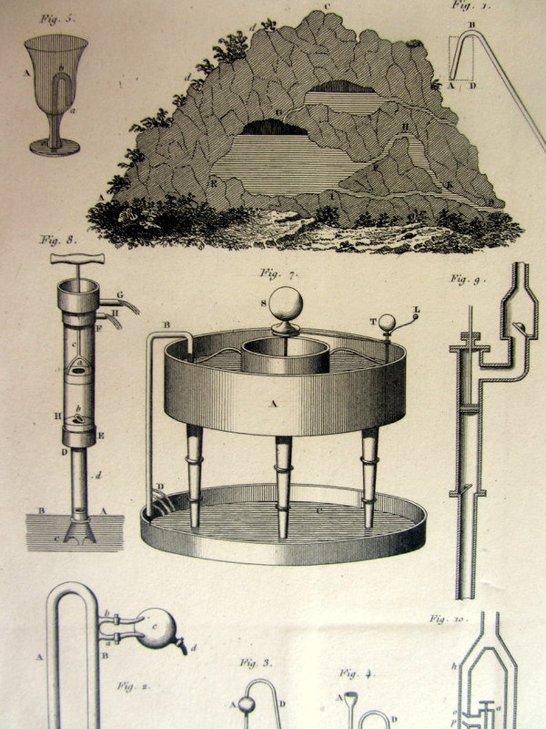 Antique science physics instruments engraving 1852 vintage scientific apparatus hydrostatics hydrodynamics print laboratory machine.