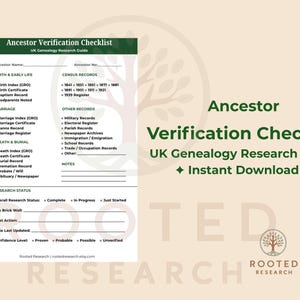 Peut inclure: Un guide de recherche généalogique intitulé "Ancestor Verification Checklist" avec le texte "UK Genealogy Research Guide" et "Instant Download". La liste de contrôle comprend des sections pour les naissances, les mariages, les décès et les recensements. Le design est vert et blanc sur fond beige.