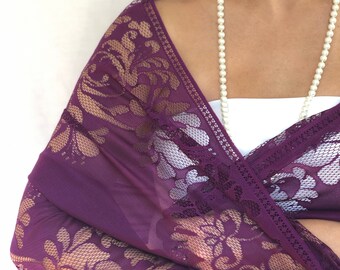 Sheer Soft Silk Scarf Half Size Sarong Wrap in Roses and Laces Blue Purple