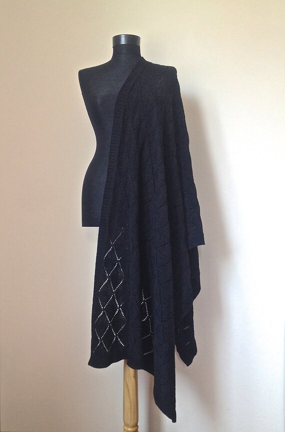 Black Fall Winter Shawl Black Warm Scarf Lace Pattern Knit | Etsy