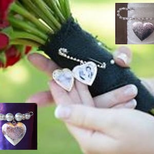 Wedding Bouquet Heart Memory Photo Charm Locket - with DIY photo insertion kit, Bride Groom Pin, rhinestone, pearls,  kilt pin, Boutonniere