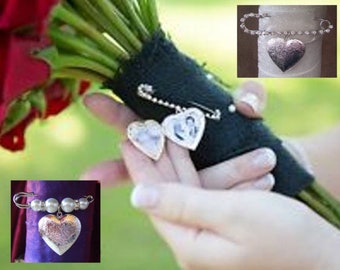 Wedding Bouquet Heart Memory Photo Charm Locket - with DIY photo insertion kit, Bride Groom Pin, rhinestone, pearls,  kilt pin, Boutonniere