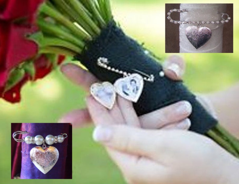 Wedding Bouquet Heart Memory Photo Charm Locket - with DIY photo insertion kit, Bride Groom Pin, rhinestone, pearls,  kilt pin, Boutonniere 